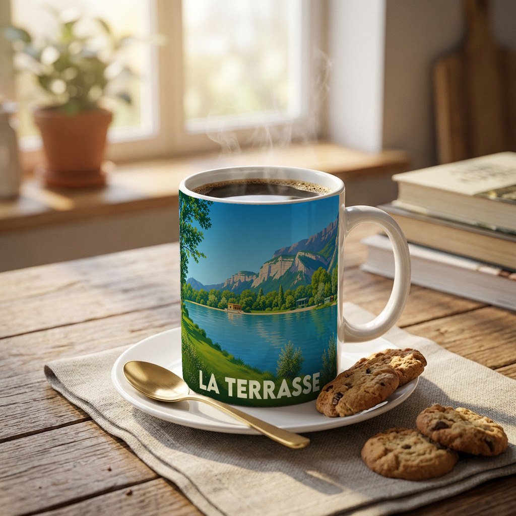 Mug souvenir de la ville de La Terrasse orné d'une illustration stylisée de son lac et des montagnes.