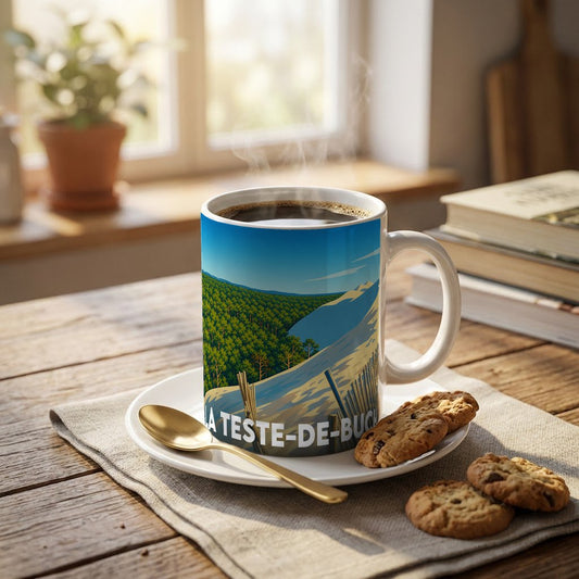 Mug souvenir de la ville de La Teste-de-Buch orné d'une illustration stylisée du Bassin d'Arcachon.