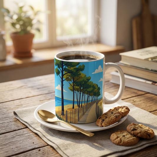 Mug souvenir de la ville de La Teste-de-Buch avec une illustration stylisée.