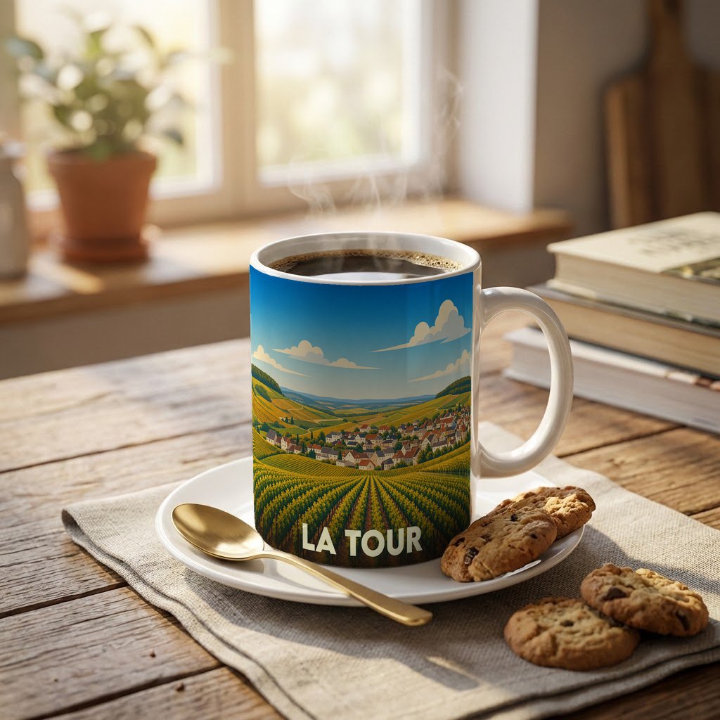 Mug souvenir de la ville de La Tour avec une illustration stylisée de vignobles et de collines.