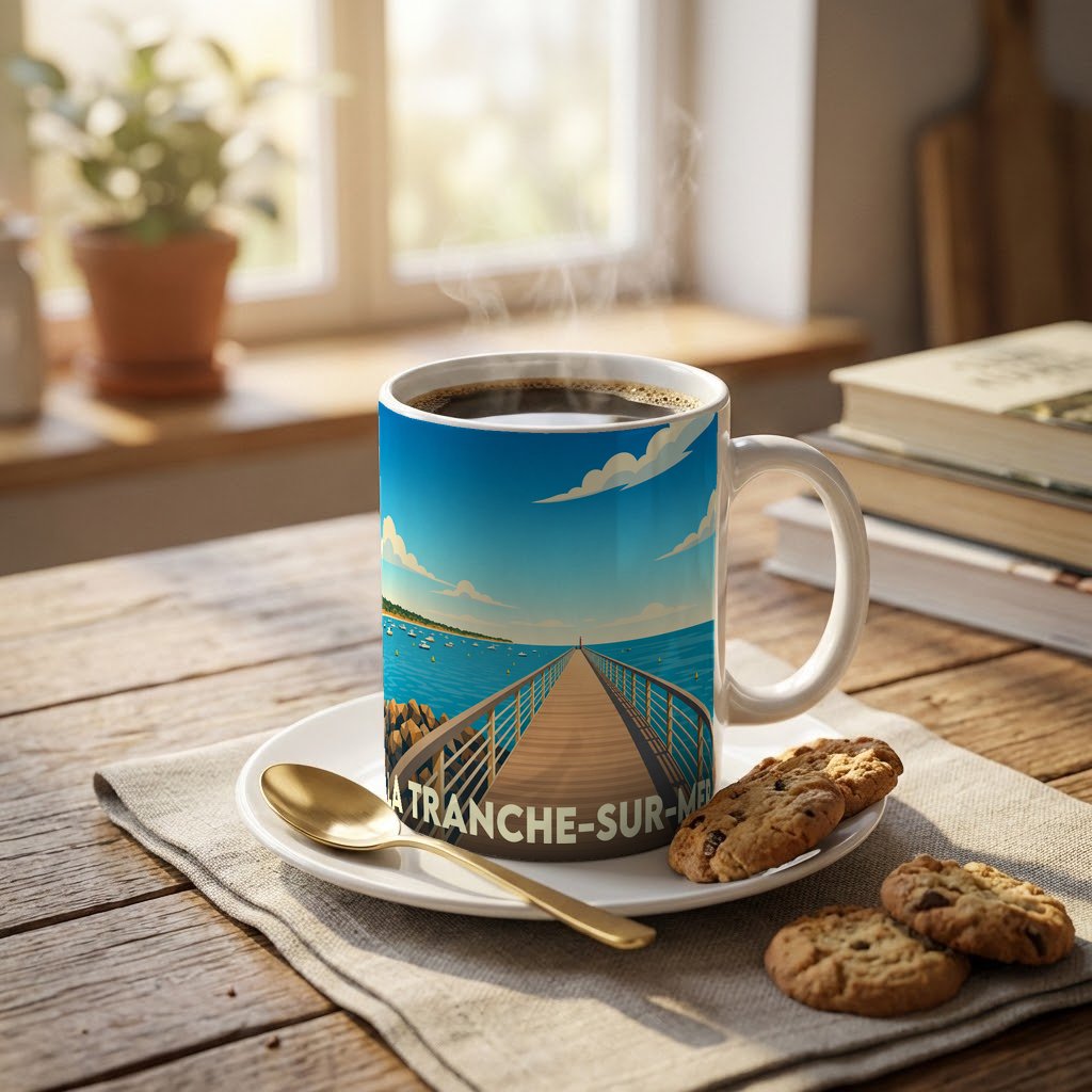 Mug souvenir de la ville de La Tranche-sur-Mer illustré d'un ponton face à l'océan.