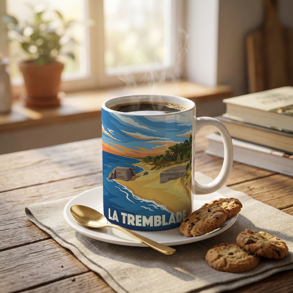 Mug souvenir de la ville de La Tremblade avec une illustration côtière stylisée.