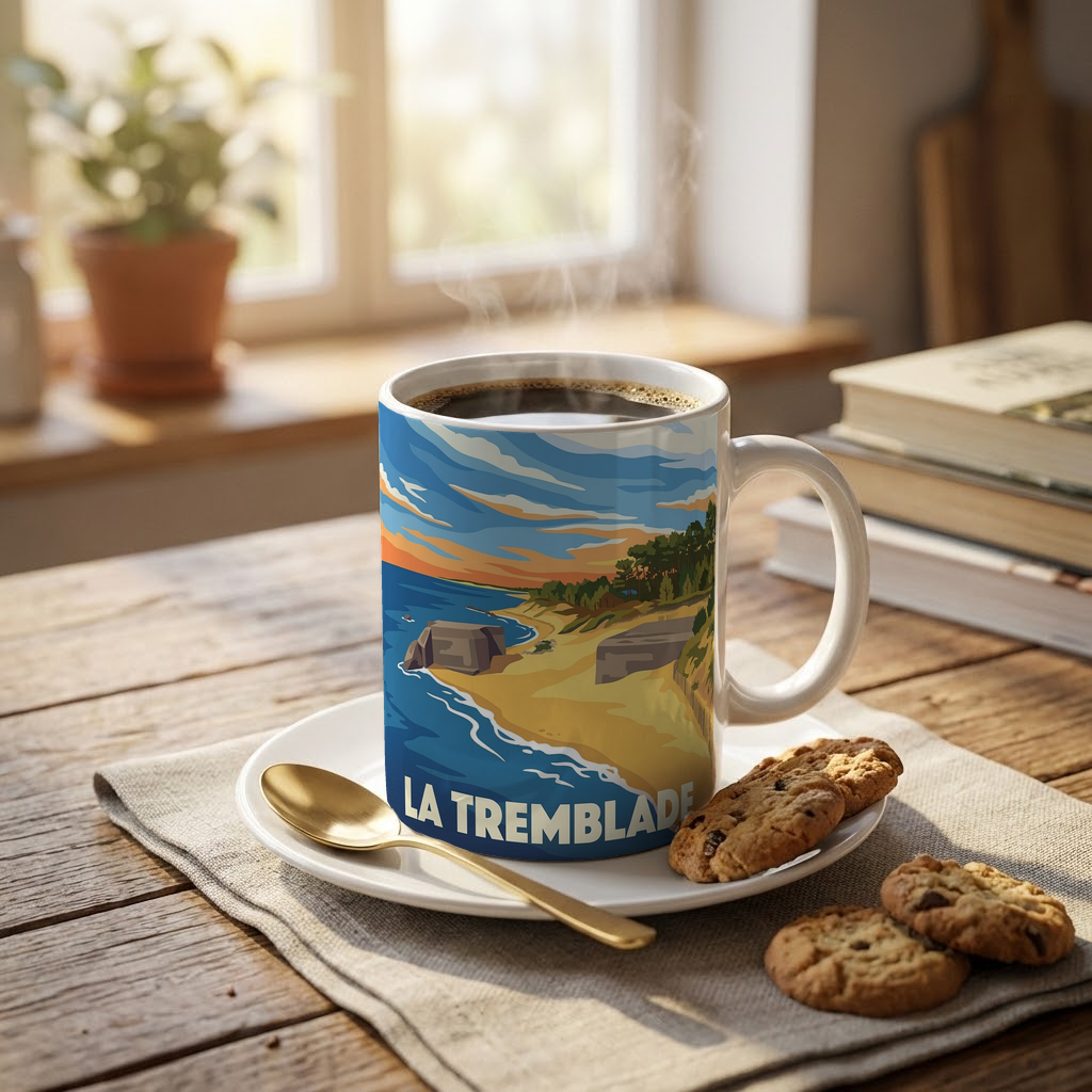 Mug souvenir de la ville de La Tremblade avec une illustration côtière stylisée.