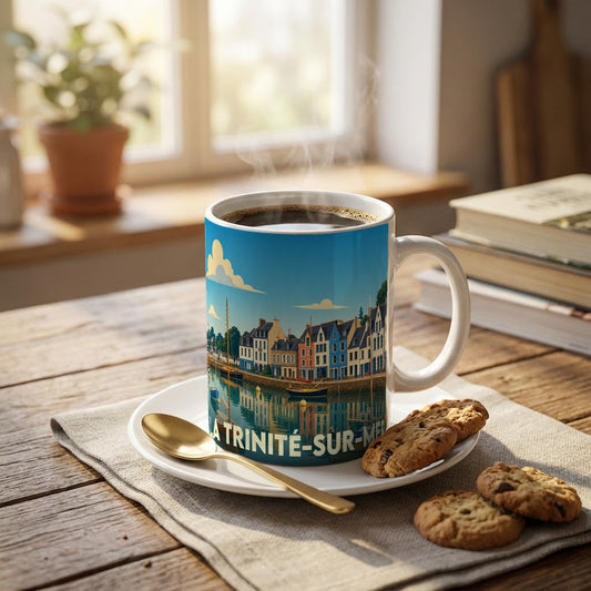 Mug souvenir de la ville de La Trinité-sur-Mer avec une illustration stylisée du port.