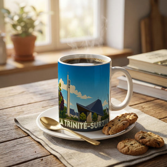 Mug souvenir de la ville de La Trinité-Surzur avec une illustration stylisée de son église.