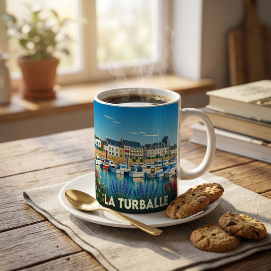 Mug souvenir de la ville de La Turballe illustré d'un port de plaisance stylisé.