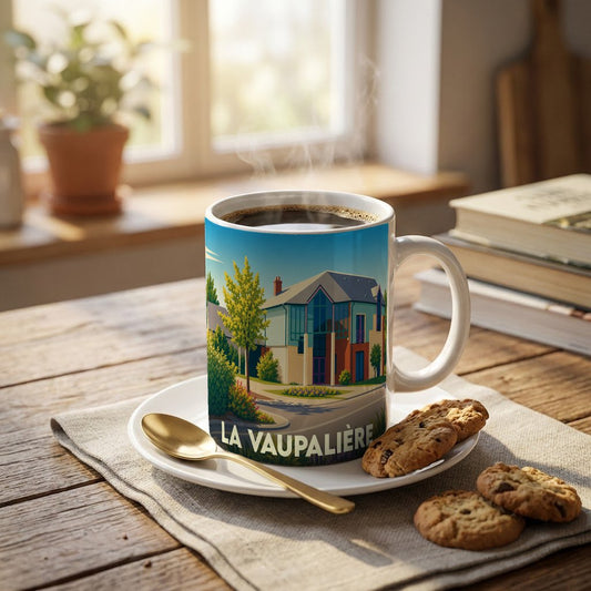 Mug souvenir de la ville de La Vaupalière orné d'une illustration stylisée de son architecture.