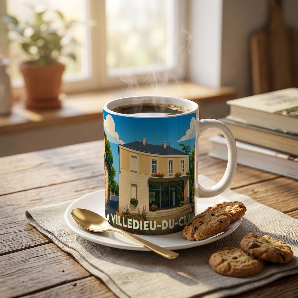 Mug souvenir de la ville de La Villedieu-du-Clain avec une illustration stylisée.