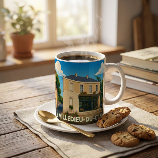 Mug souvenir de la ville de La Villedieu-du-Clain avec une illustration stylisée.