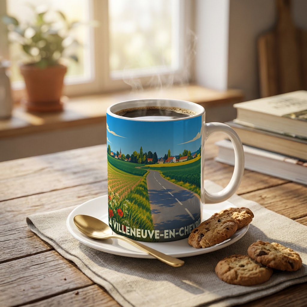 Mug souvenir de la ville de La Villeneuve-en-Chevrie avec une illustration stylisée de son paysage rural.