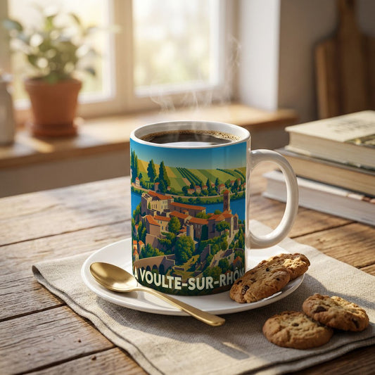 Mug souvenir de la ville de La Voulte-sur-Rhône illustré d'un paysage urbain stylisé au bord du fleuve.