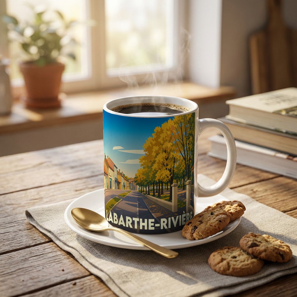 Mug souvenir de la ville de Labarthe-Rivière illustré par un paysage urbain automnal stylisé.