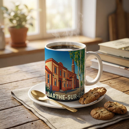 Mug souvenir de la ville de Labarthe-sur-Lèze avec une illustration stylisée et colorée du centre-ville.