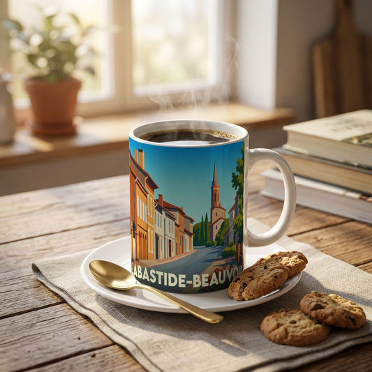 Mug souvenir de la ville de Labastide-Beauvoir avec une illustration stylisée et colorée de ses rues.