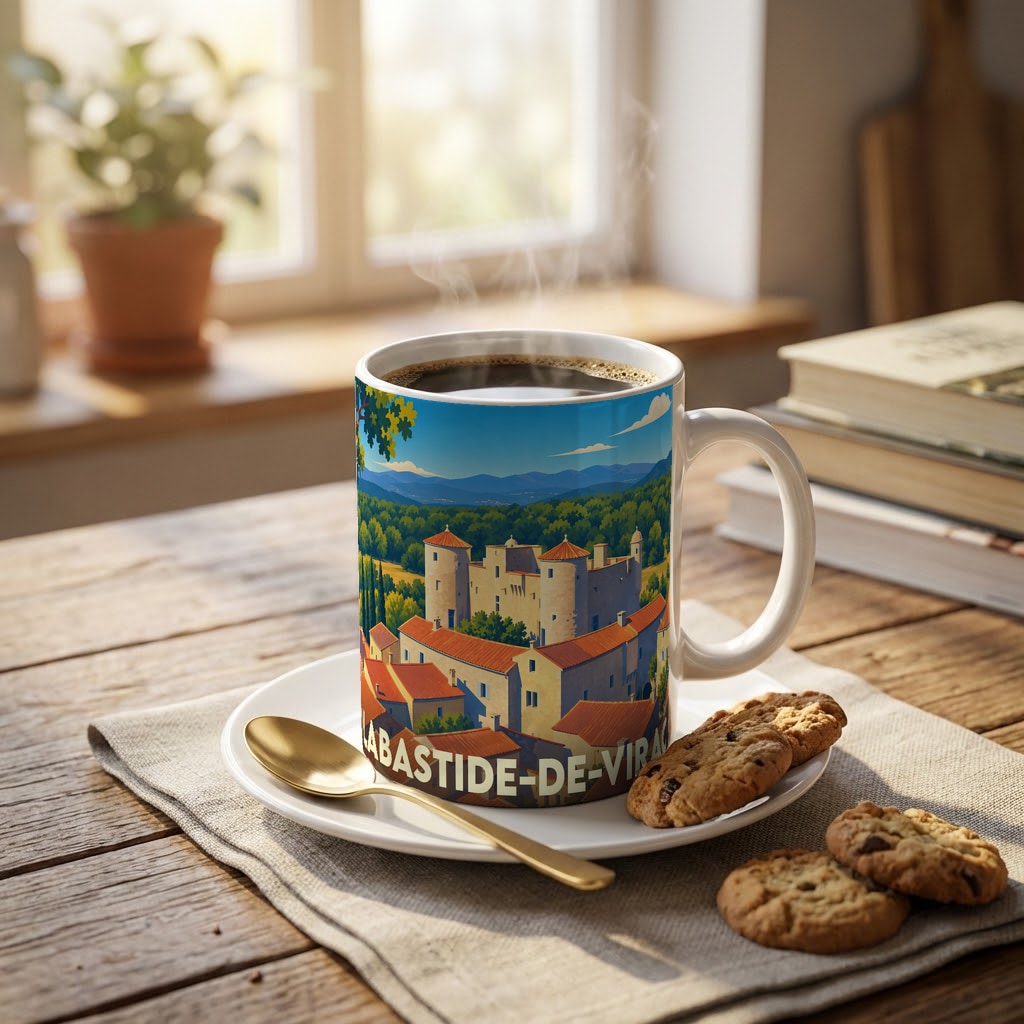 Mug souvenir de la ville de Labastide-de-Virac orné d'une illustration stylisée de son château et de ses toits provençaux.