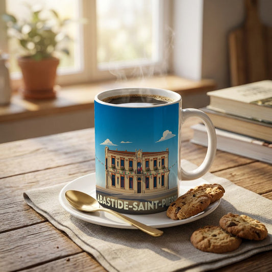 Mug souvenir de la ville de Labastide-Saint-Pierre avec une illustration stylisée.