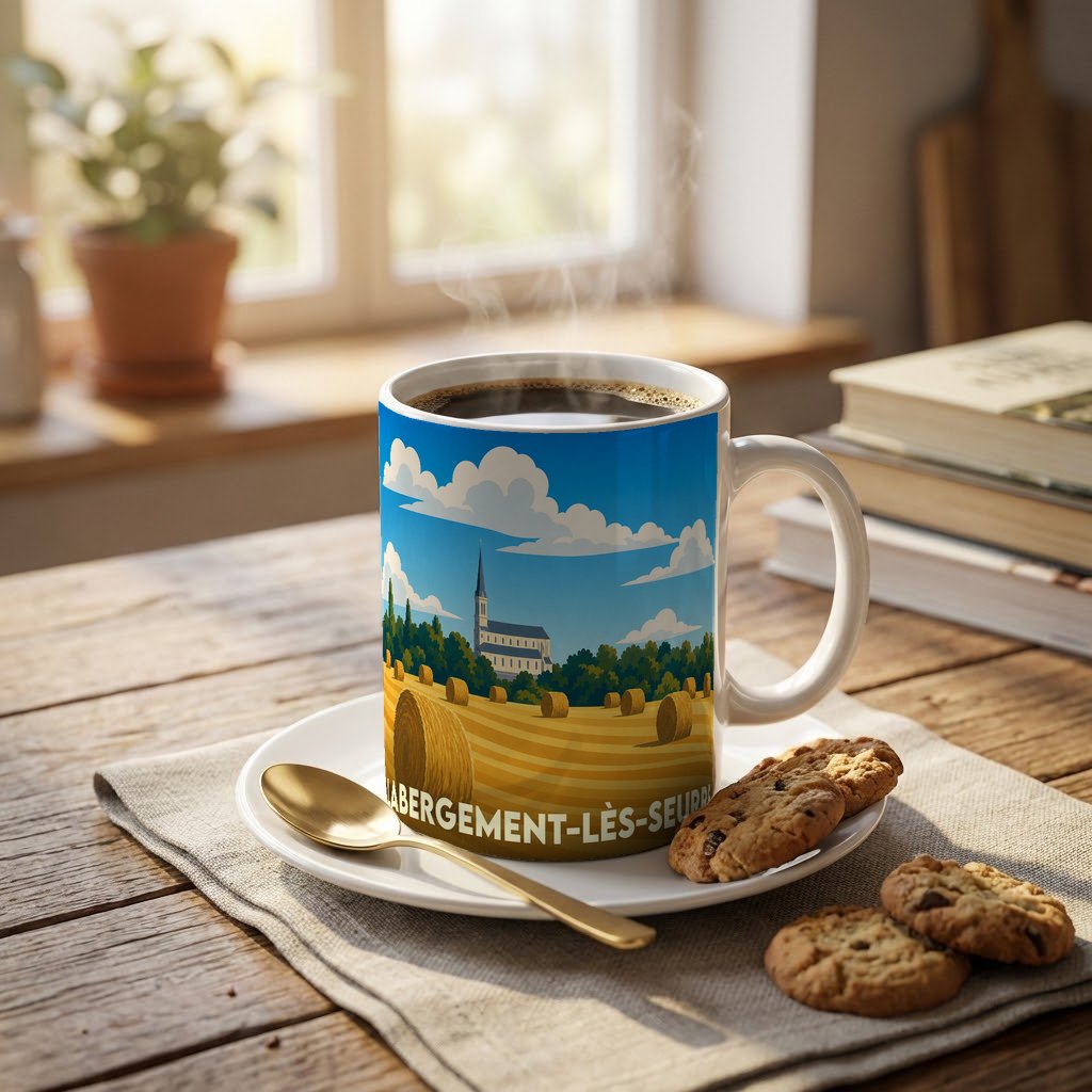 Mug souvenir de la ville de Labergement-lès-Seurre orné d'une illustration stylisée de champs et d'une église.
