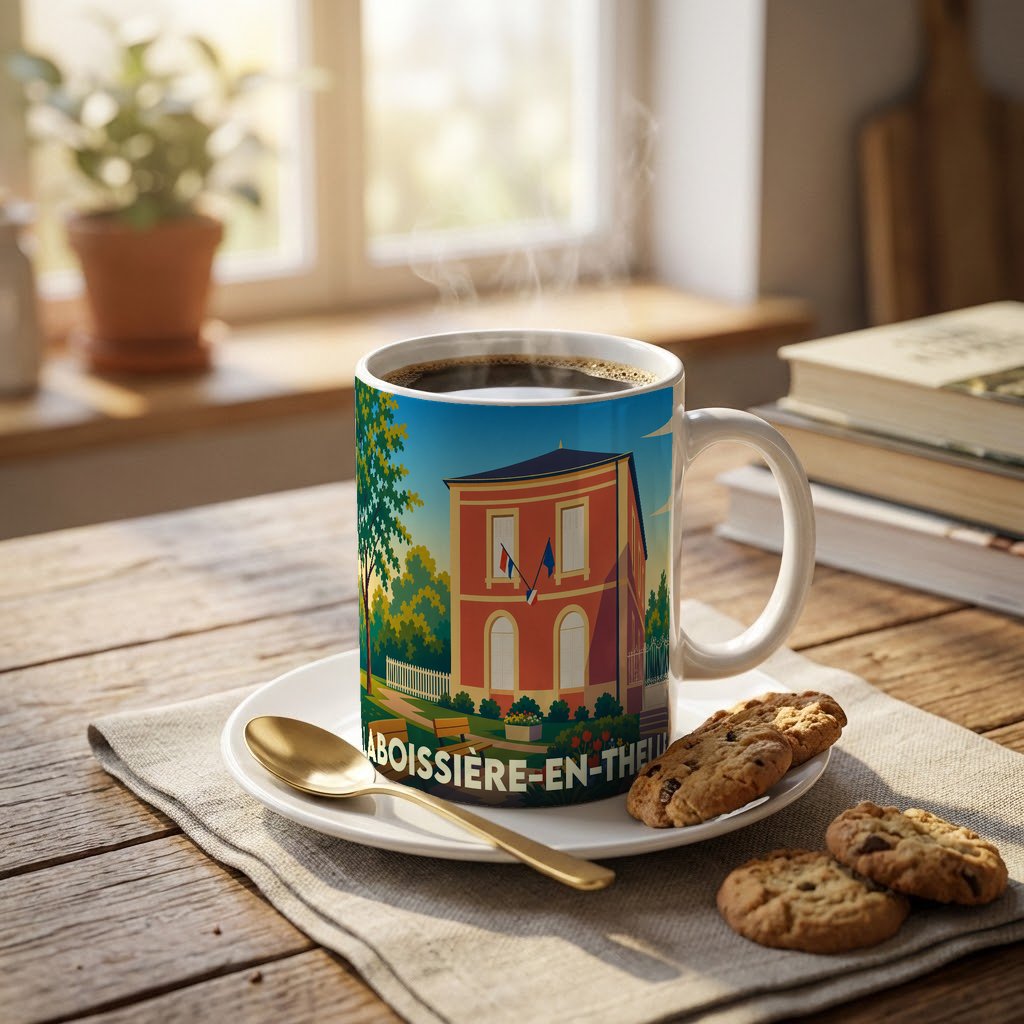 Mug souvenir de la ville de Laboissière-en-Thelle avec une illustration colorée et stylisée de sa mairie.