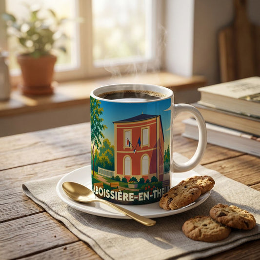Mug souvenir de la ville de Laboissière-en-Thelle avec une illustration colorée et stylisée de sa mairie.