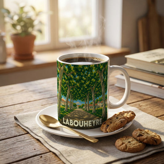 Mug souvenir de la ville de Labouheyre orné d'une illustration stylisée d'une allée arborée.