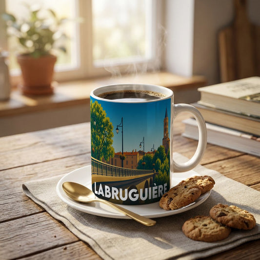 Mug souvenir de la ville de Labruguière orné d'une illustration stylisée représentant son pont et ses bâtiments historiques.