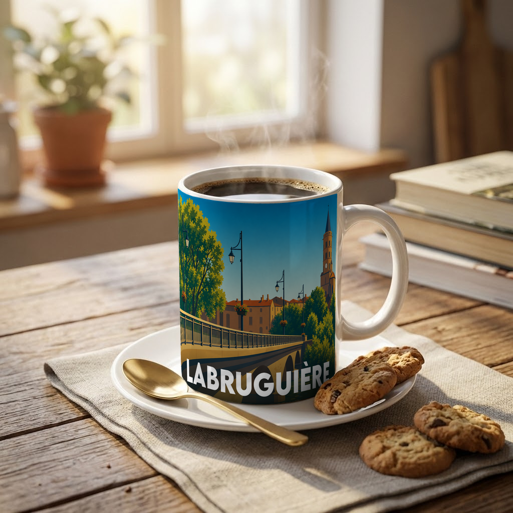 Mug souvenir de la ville de Labruguière orné d'une illustration stylisée représentant son pont et ses bâtiments historiques.