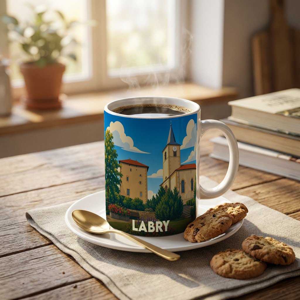 Mug souvenir de la ville de Labry avec une illustration stylisée d'un paysage urbain.