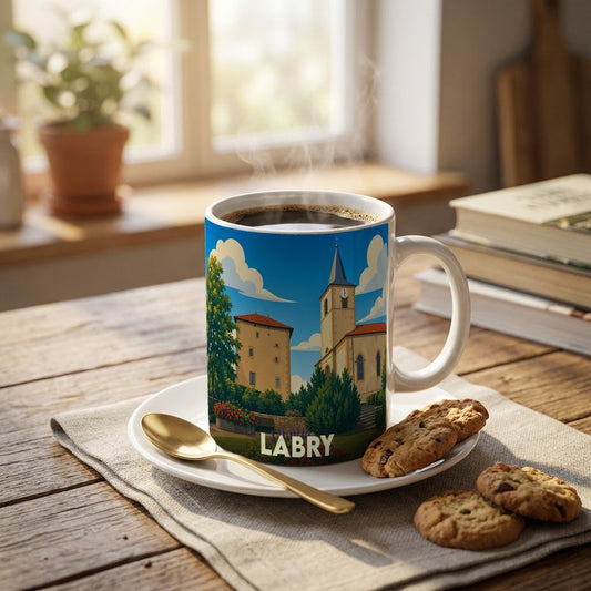 Mug souvenir de la ville de Labry avec une illustration stylisée d'un paysage urbain.