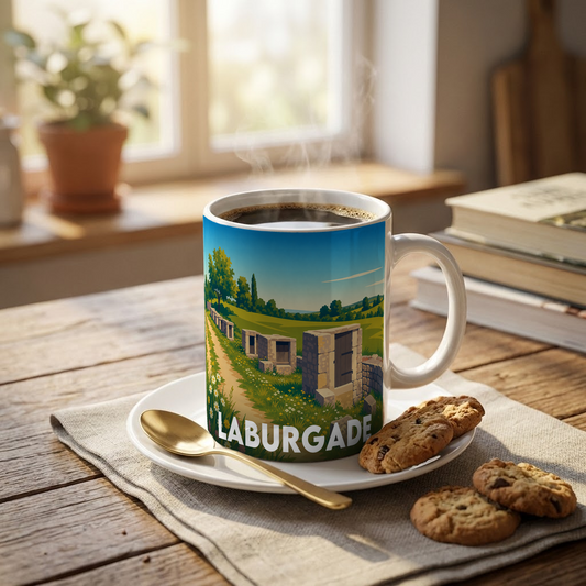 Mug souvenir de la ville de Laburgade avec une illustration stylisée de son paysage rural.