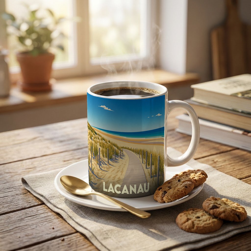 Mug souvenir de la ville de Lacanau orné d'une illustration stylisée de plage et de dunes.