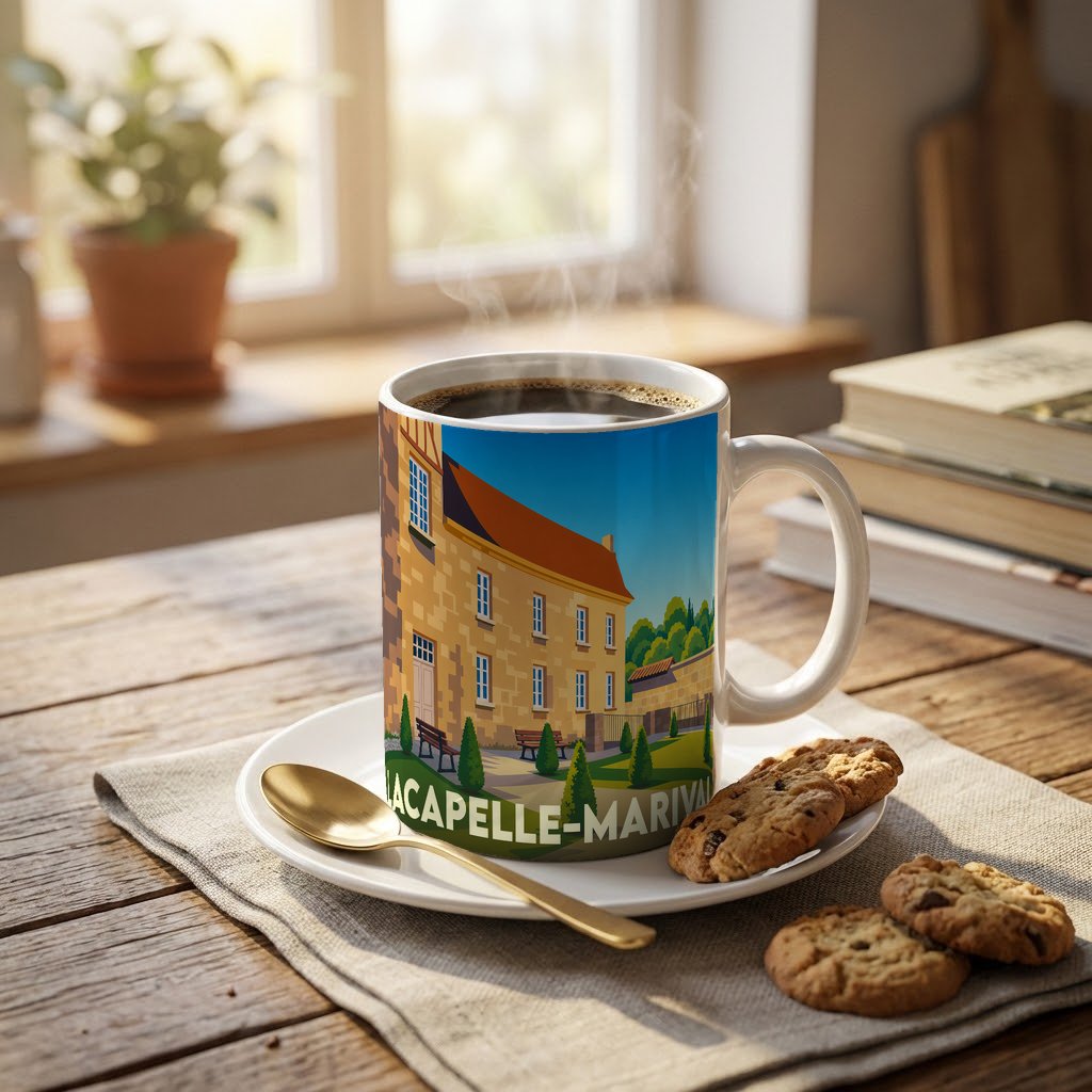 Mug souvenir de Lacapelle-Marival illustré d'un bâtiment historique stylisé, posé sur une table en bois.