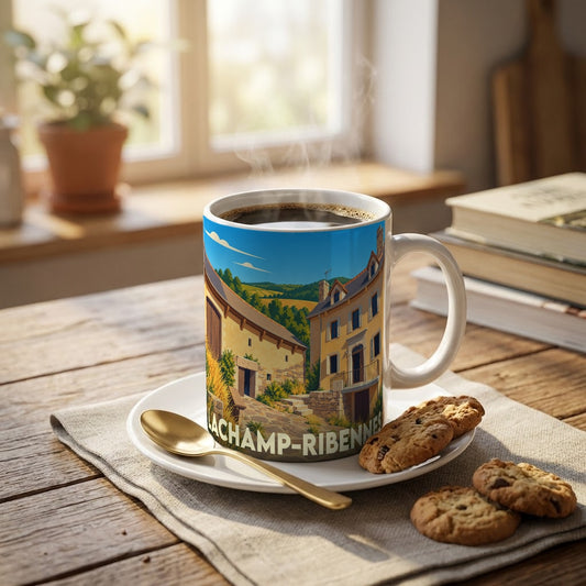 Mug souvenir de la ville de Lachamp-Ribennes avec une illustration stylisée de maisons de village.