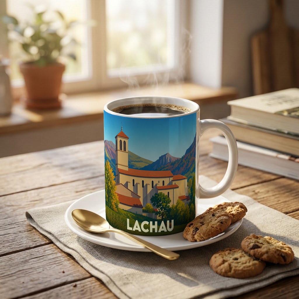Mug souvenir de la ville de Lachau avec une illustration stylisée d'un village de montagne.