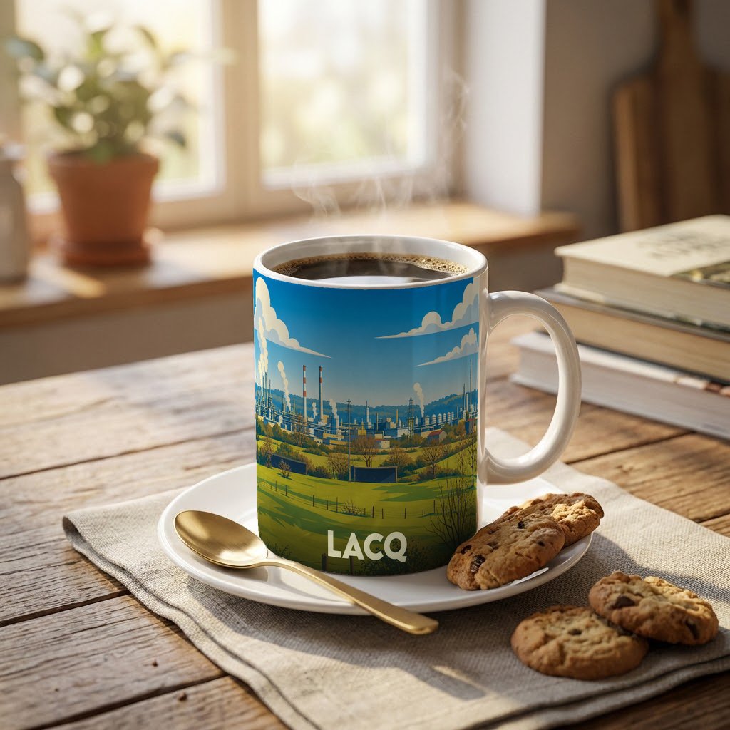 Mug souvenir de la ville de Lacq avec une illustration stylisée de son complexe industriel.