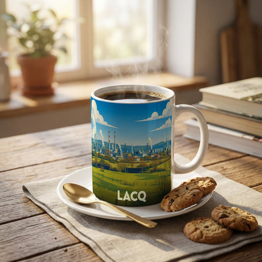 Mug souvenir de la ville de Lacq avec une illustration stylisée de son complexe industriel.