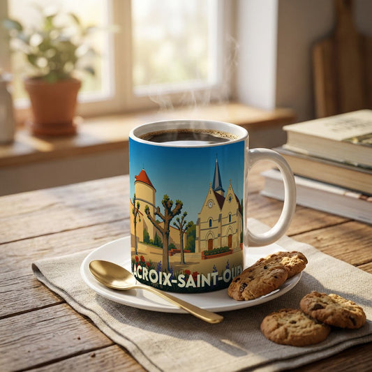 Mug souvenir de la ville de Lacroix-Saint-Ouen avec une illustration stylisée.