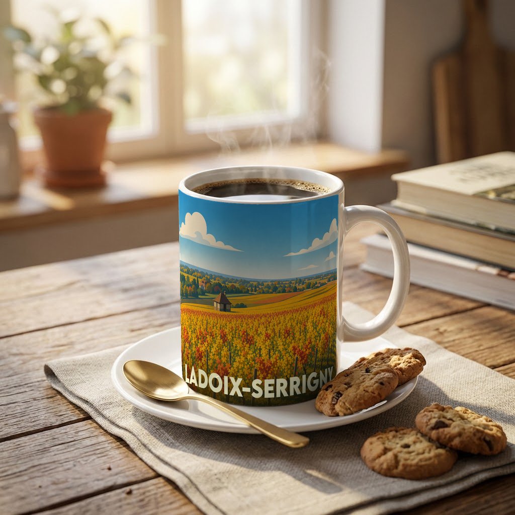 Mug souvenir de la commune de Ladoix-Serrigny illustré d'un paysage de vignobles ensoleillés.