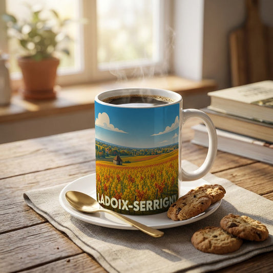 Mug souvenir de la commune de Ladoix-Serrigny illustré d'un paysage de vignobles ensoleillés.