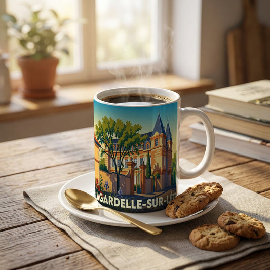 Mug souvenir de la ville de Lagardelle-sur-Lèze orné d'une illustration stylisée de son patrimoine architectural.
