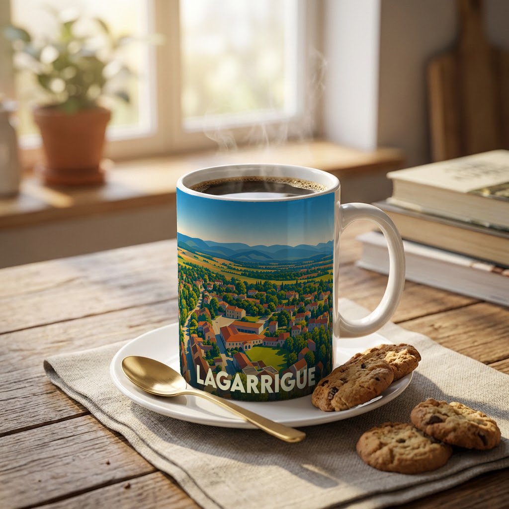 Mug souvenir de la ville de Lagarrigue orné d'une illustration panoramique stylisée.