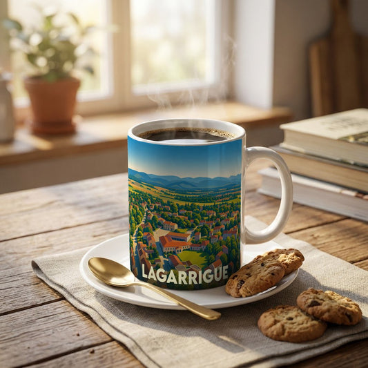 Mug souvenir de la ville de Lagarrigue orné d'une illustration panoramique stylisée.