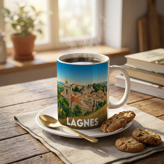 Mug souvenir de la ville de Lagnes avec une illustration stylisée.
