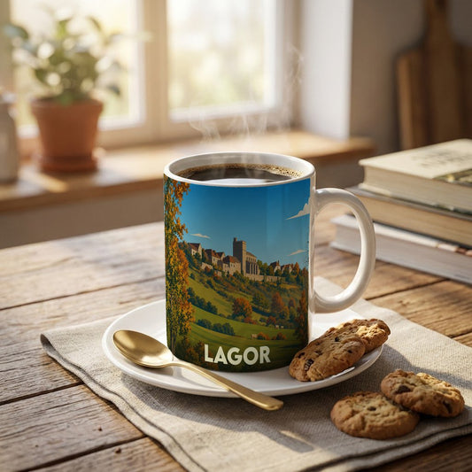 Mug souvenir de la ville de Lagor orné d'une illustration paysagère stylisée.