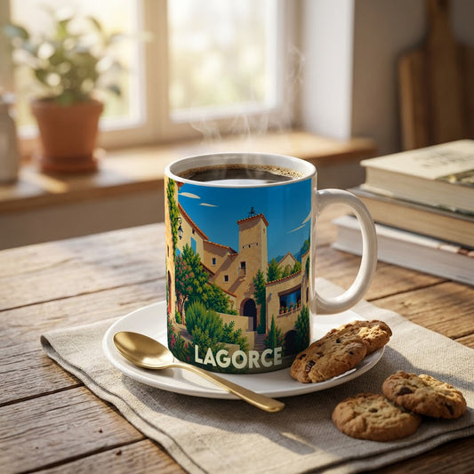 Mug souvenir de la ville de Lagorce avec une illustration colorée de son architecture traditionnelle.