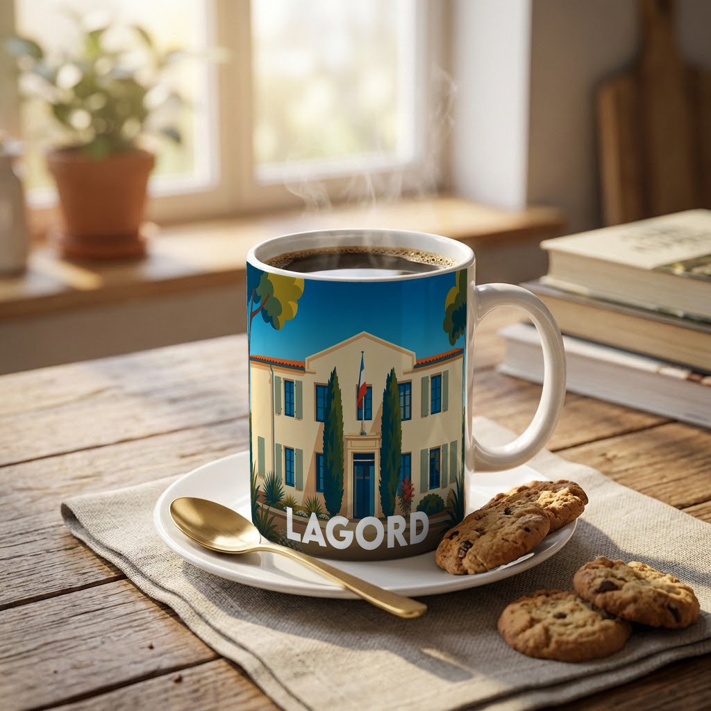 Mug souvenir de la ville de Lagord orné d'une illustration stylisée de son hôtel de ville.