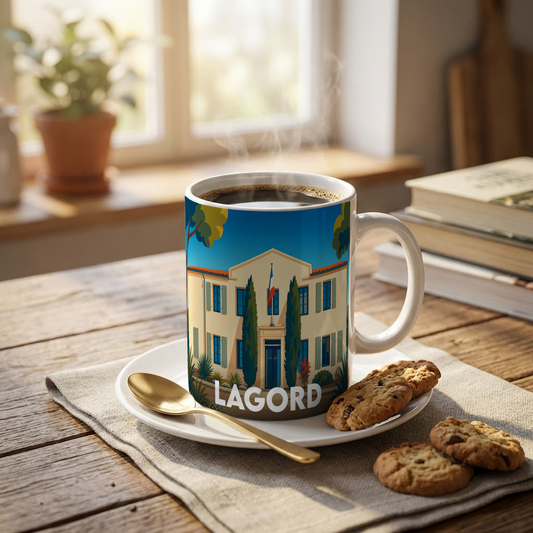 Mug souvenir de la ville de Lagord orné d'une illustration stylisée de son hôtel de ville.