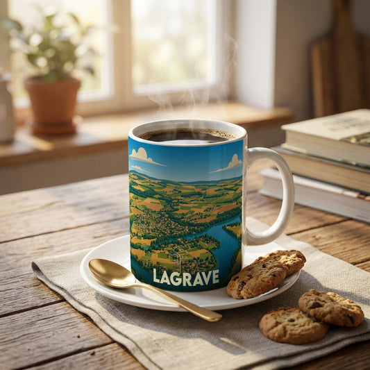 Mug souvenir de la ville de Lagrave avec une illustration paysagère stylisée.