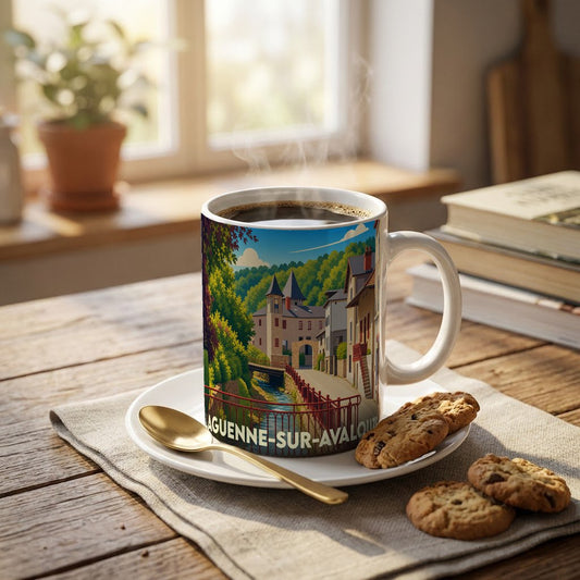 Mug souvenir de la ville de Laguenne-sur-Avalouze illustré d'un paysage urbain pittoresque.