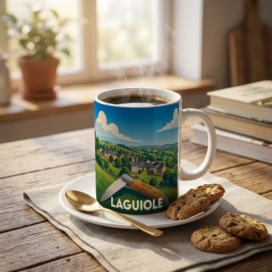Mug souvenir de la ville de Laguiole avec une illustration stylisée d'un couteau et du paysage local.