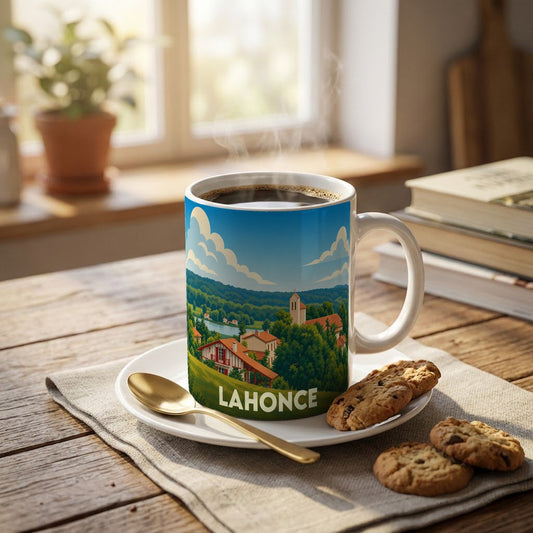 Mug souvenir de la ville de Lahonce avec une illustration stylisée d'un paysage local.